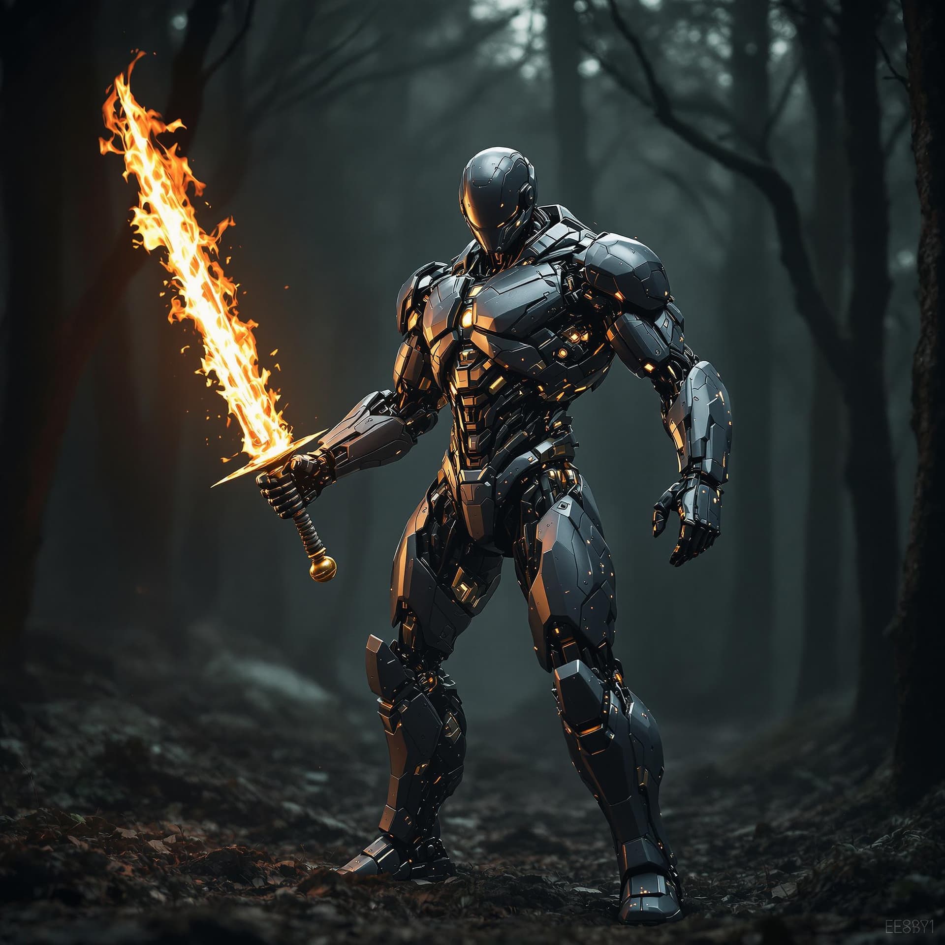 AI generated: The real photo is of a American powerful man, with a futuristic cybernetic robot body, in the middle...