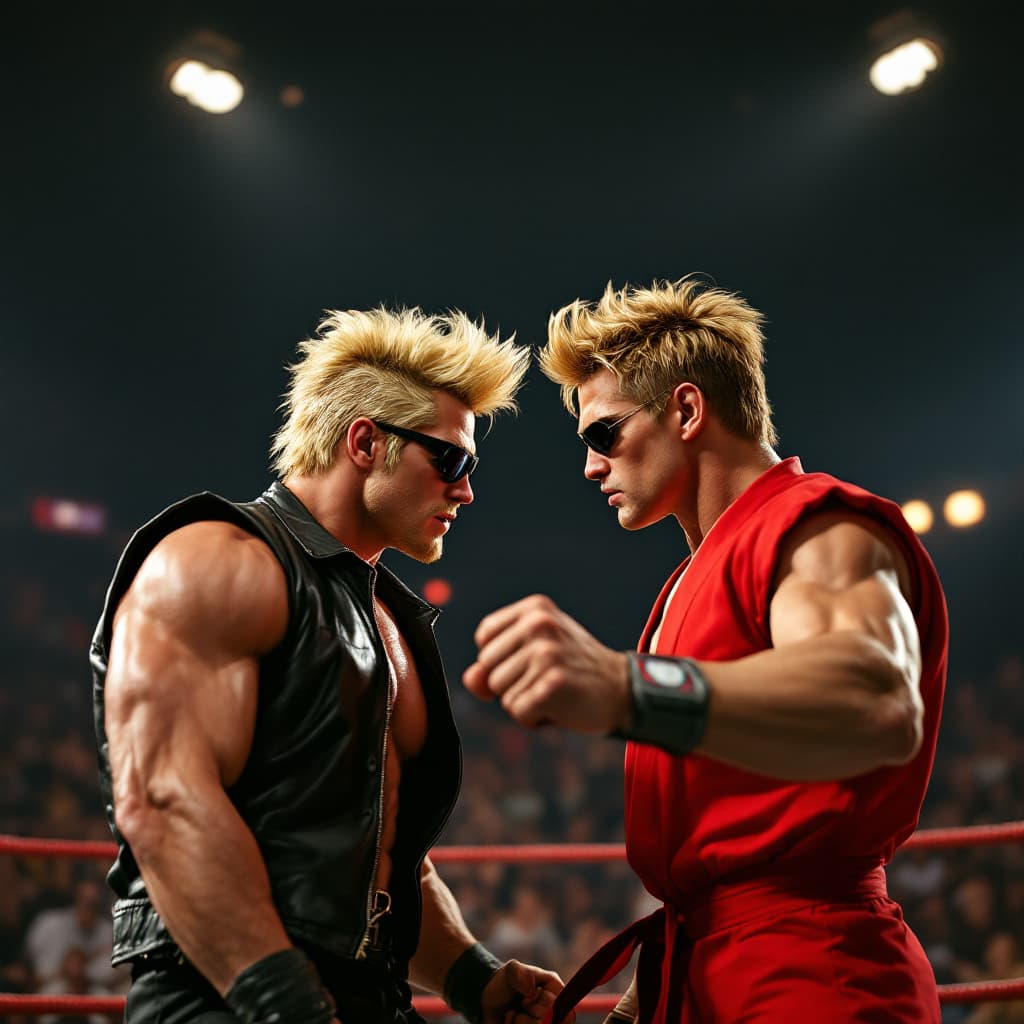 AI generated: johnny bravo with his 50's style blonde greaser hairdo and black  leather jacket  and black rayban l...