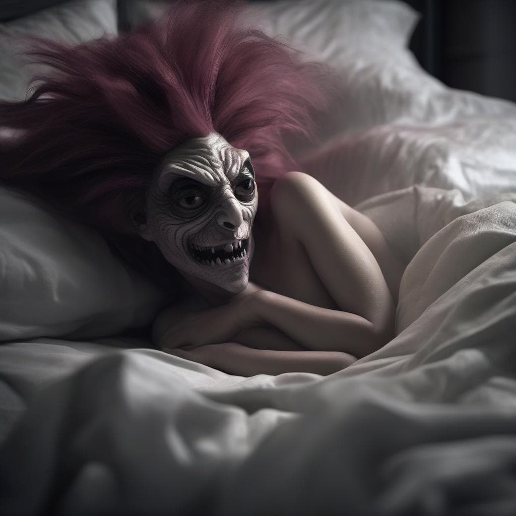 AI generated: a seductive monster in your bed at night, in the style of Henri Fuseli, quirky characters, playful c...