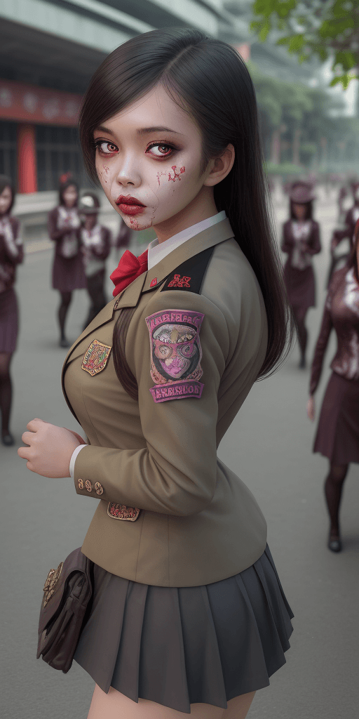 AI generated: masterpiece, best quality, 100zombies, girl university uniforms focus, looking at viewer,  Bangkok c...