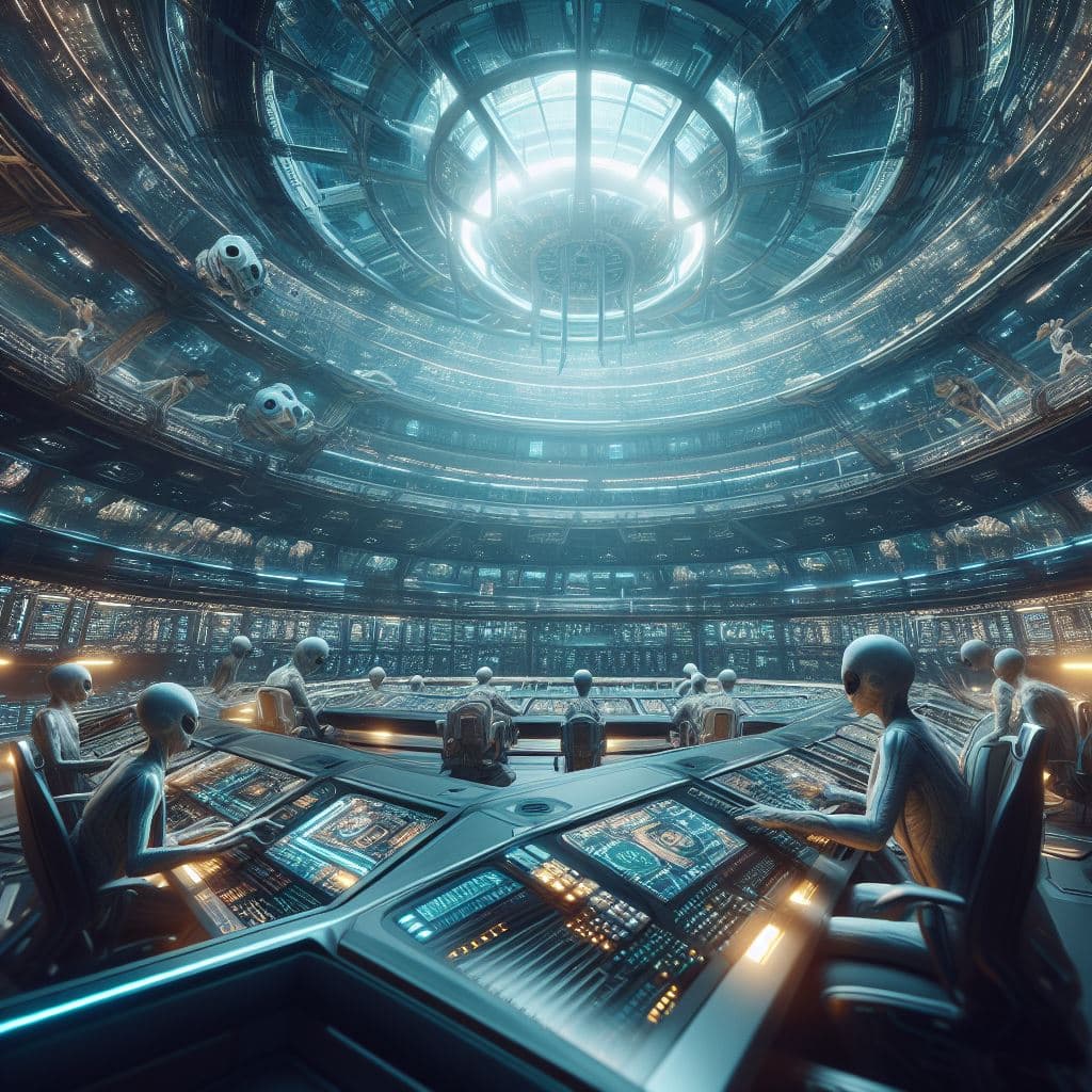 AI generated: Wide angle photograph of our alien overlord caretakers in an intricate control centre onboard an eno...