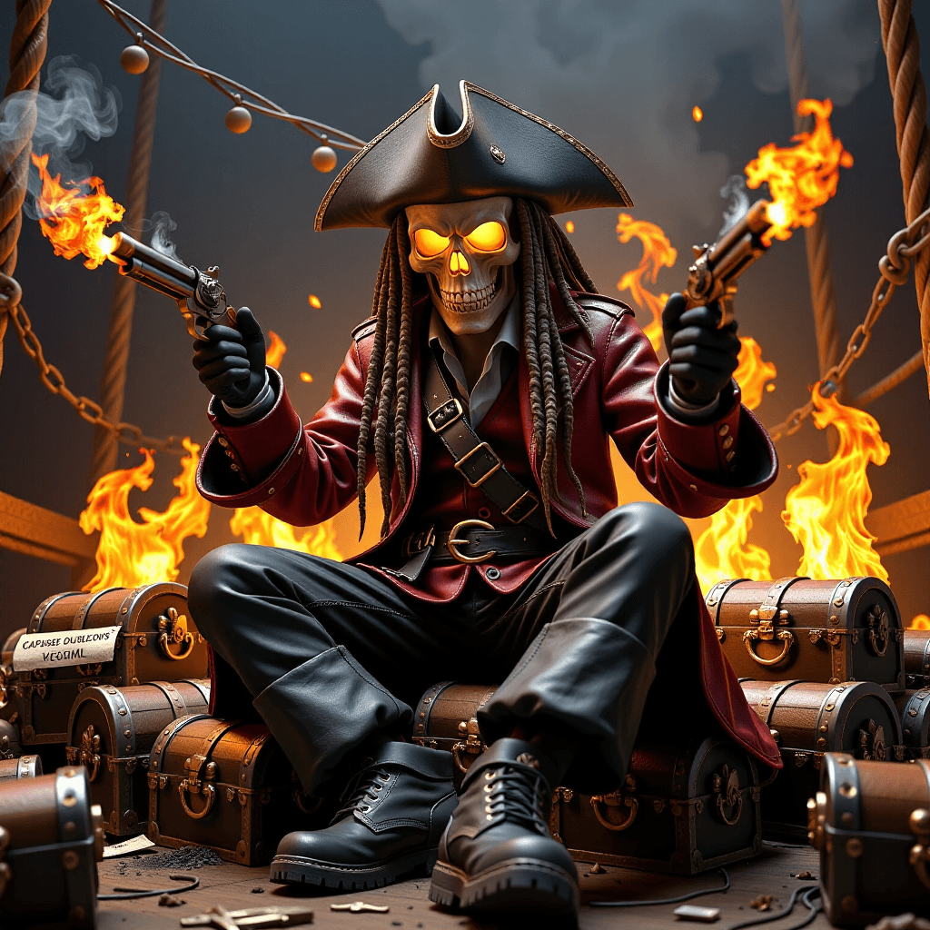 AI generated: "A crazy pirate captain with a sinister, barnacle-encrusted skull mask (glowing ghostly facial featu...