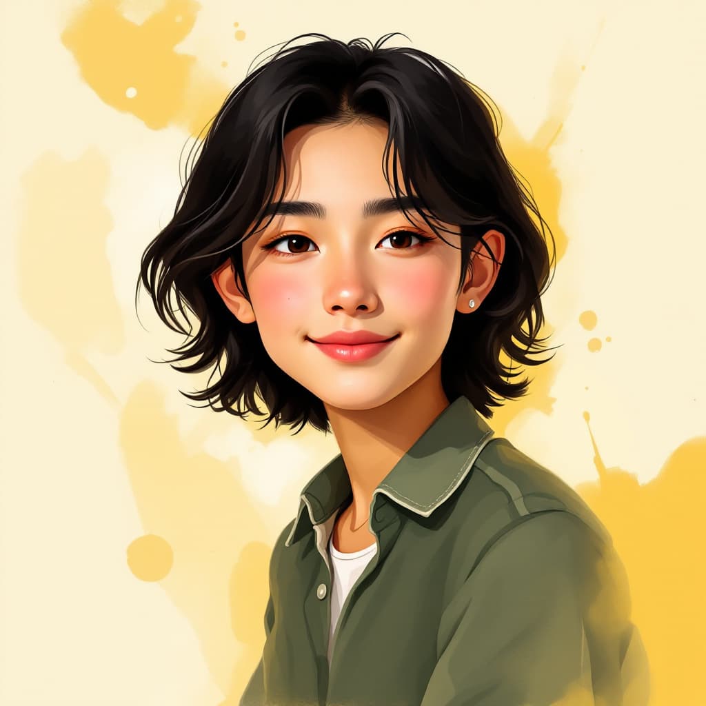 AI generated: 

"Create a portrait of a young person with medium-length, slightly wavy black hair, styled casually...
