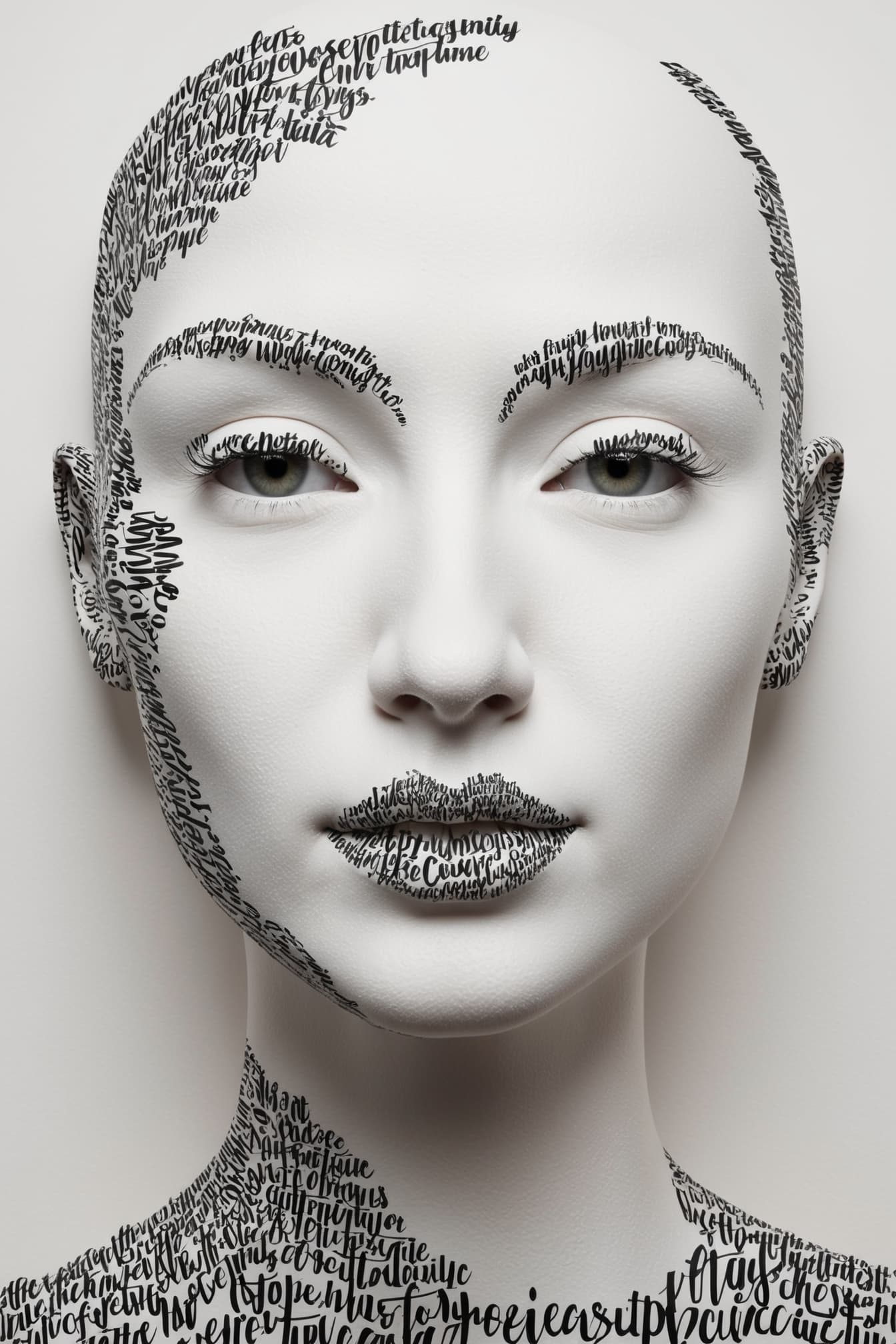 AI generated: Typographic portrait image featuring a stylized face composed entirely of text. The layout is a clos...