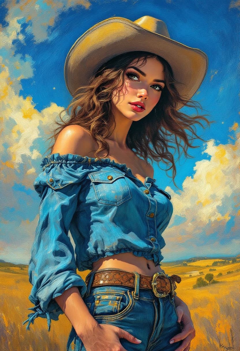 AI generated: Portrait of a cowgirl in jeans with an off shoulder, Art Nouveau, Neo-Impressionism, Charcoal illust...