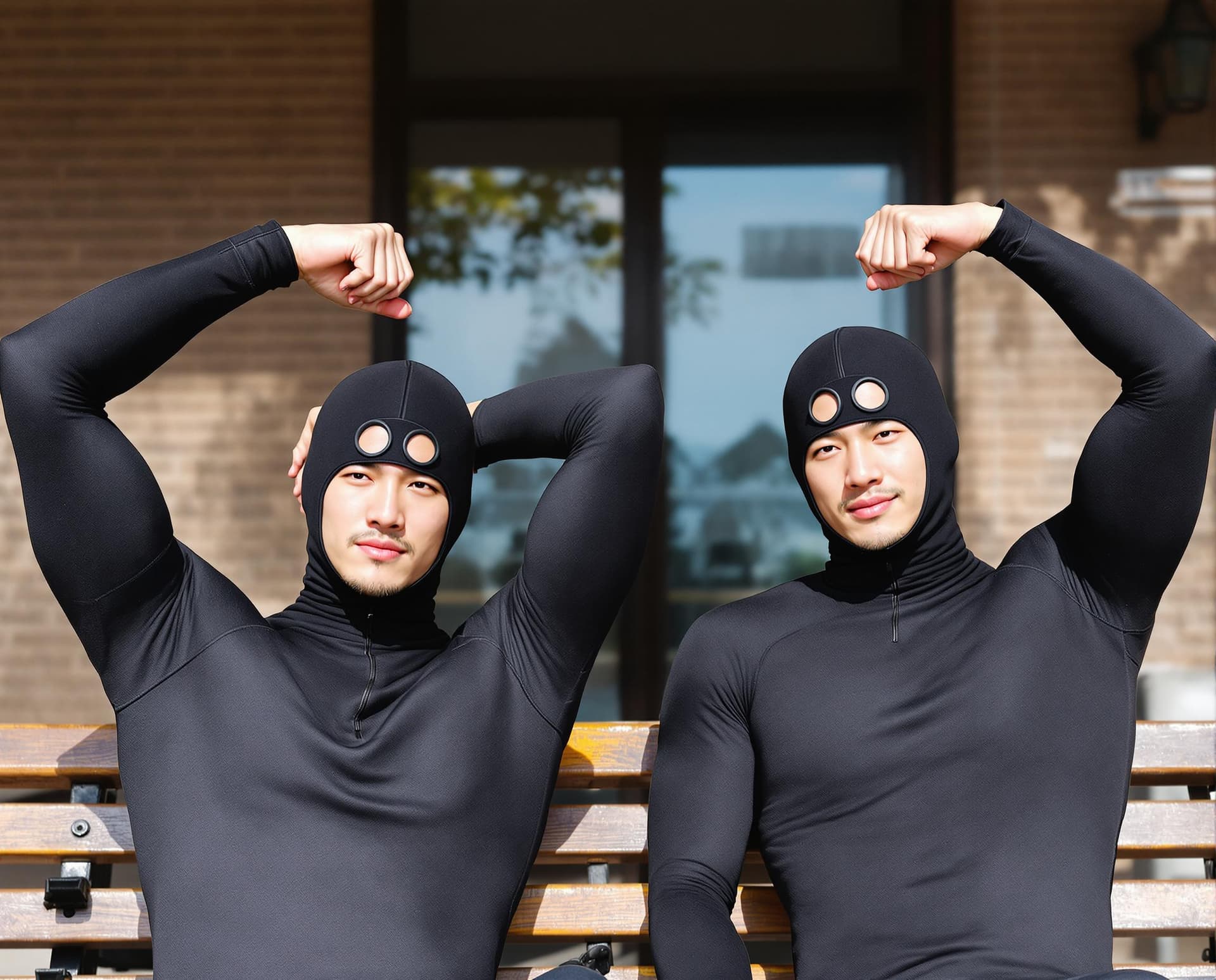 AI generated: Two male Asian born Taiwanese strong athletes wearing compression jammers in day time. They are sitt...