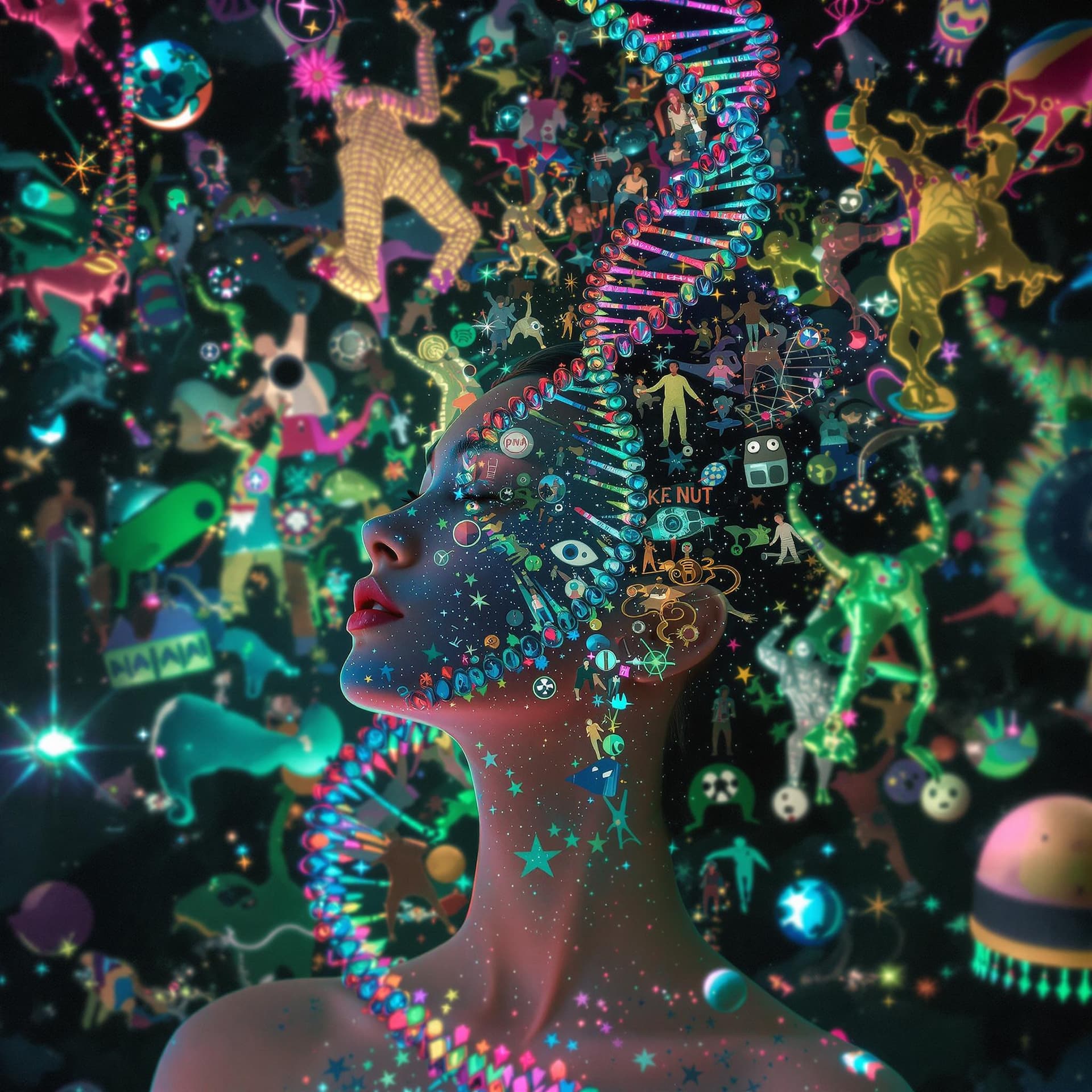 AI generated: You are a young Asian lady on an LSD trip within your DNA, unveiling all the individuals contributed...