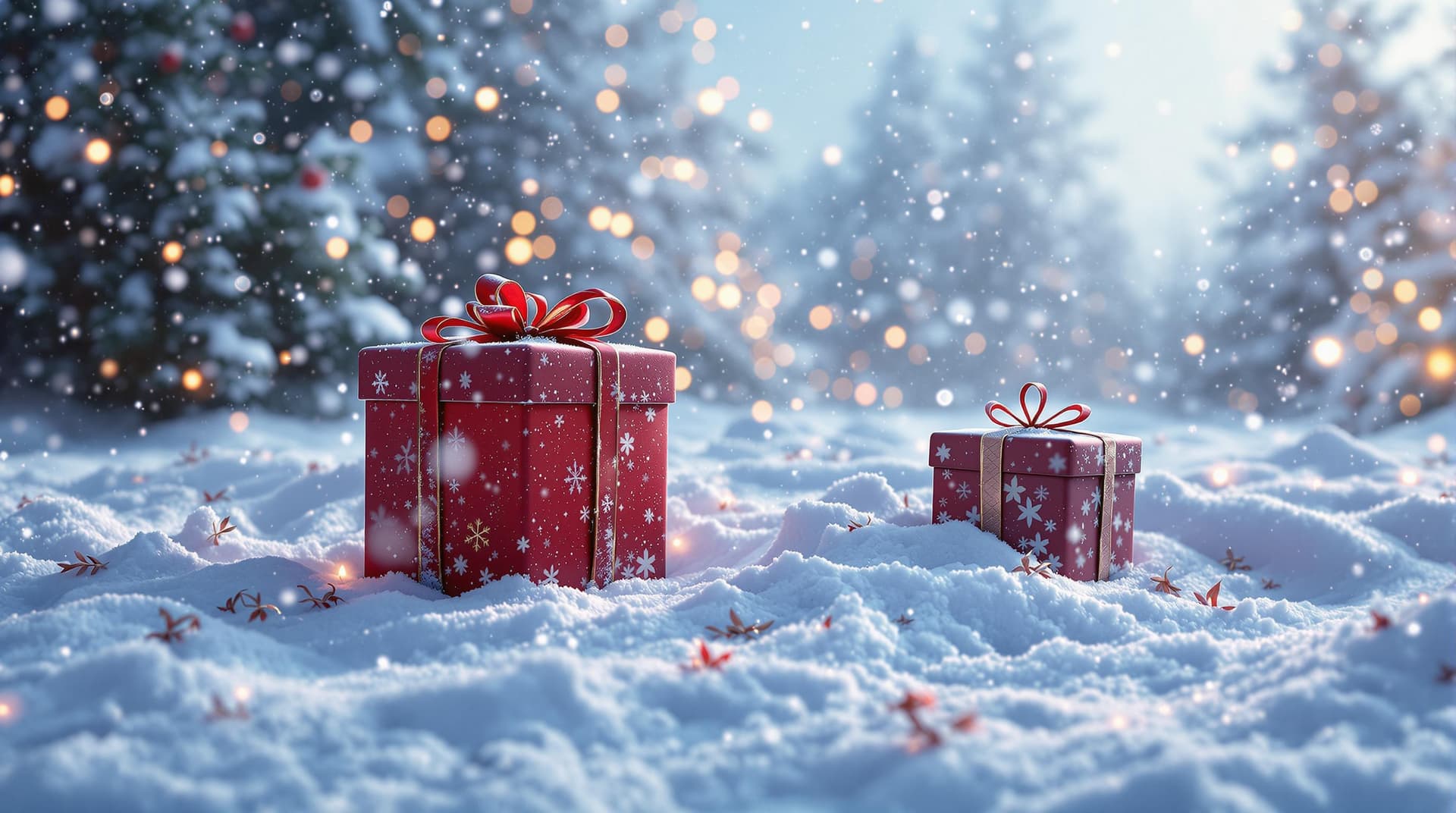 AI generated: Photo of a snowstorm around New Year's gifts, dramatic light, New Year's mood, cinematic lighting, s...
