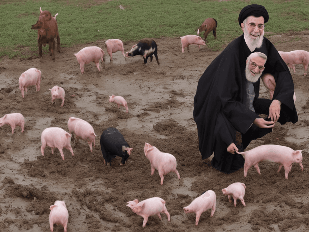 AI generated: portrait of ali khamenei playing with pigs in mud