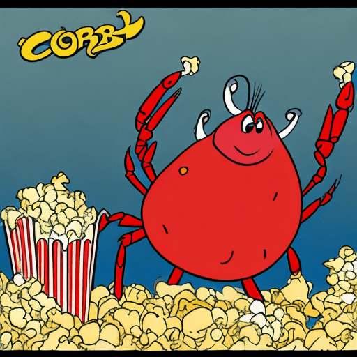 AI generated: A crab in cartoonart eating popcorn. A cute crab. 