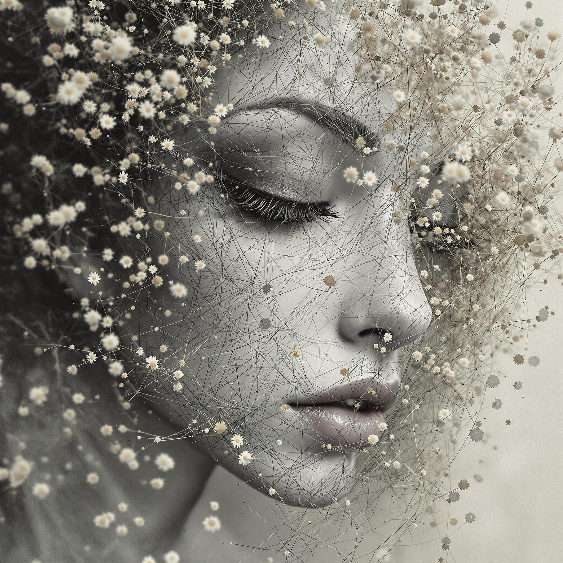 AI generated: woman made of thin threads+ dried flowers, mysticism, + coherent, haze, fog, finest drawing, macro, ...