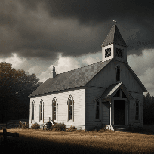AI generated: Photo of a ultra realistic the out side of an Old white country style, in a country scene church bui...