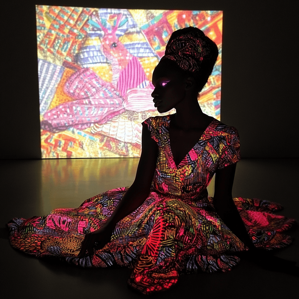 AI generated: ((((style of Yinka Shonibare)))), luminous horizontal line in the center of the image, (lying on the...