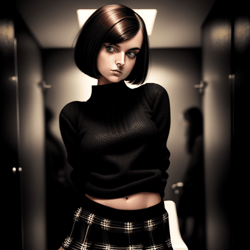 AI generated: (closeup of 21 year old female model wearing a black sweater and checkered mini skirt in a bathroom ...