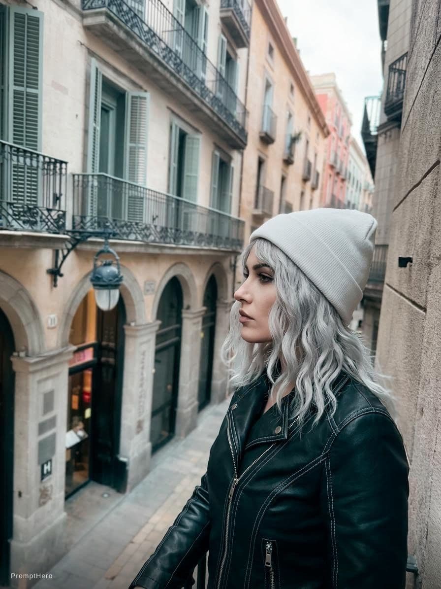 AI generated: a woman with white hair wearing a tight black jacket and a hat, in the style of mashup of styles, li...