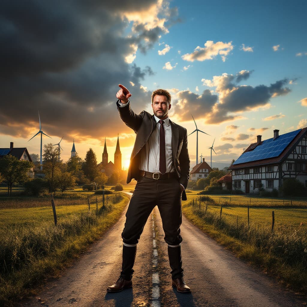 AI generated: A photorealistic image of a traditional Bavarian landscape at sunset, where Markus Söder stands at a...