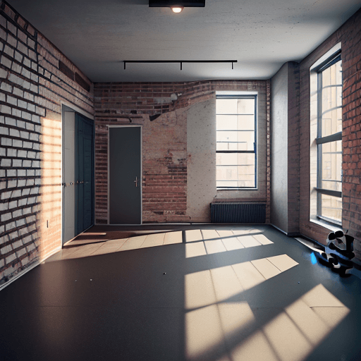 AI generated: Small gym inside an apartment building with brick walls and no windows cinematic, hyperrealism, high...