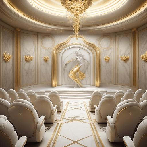 AI generated: pretty and coquettish, futuristic high-end theater room, high angle view, octane render, sculpture s...
