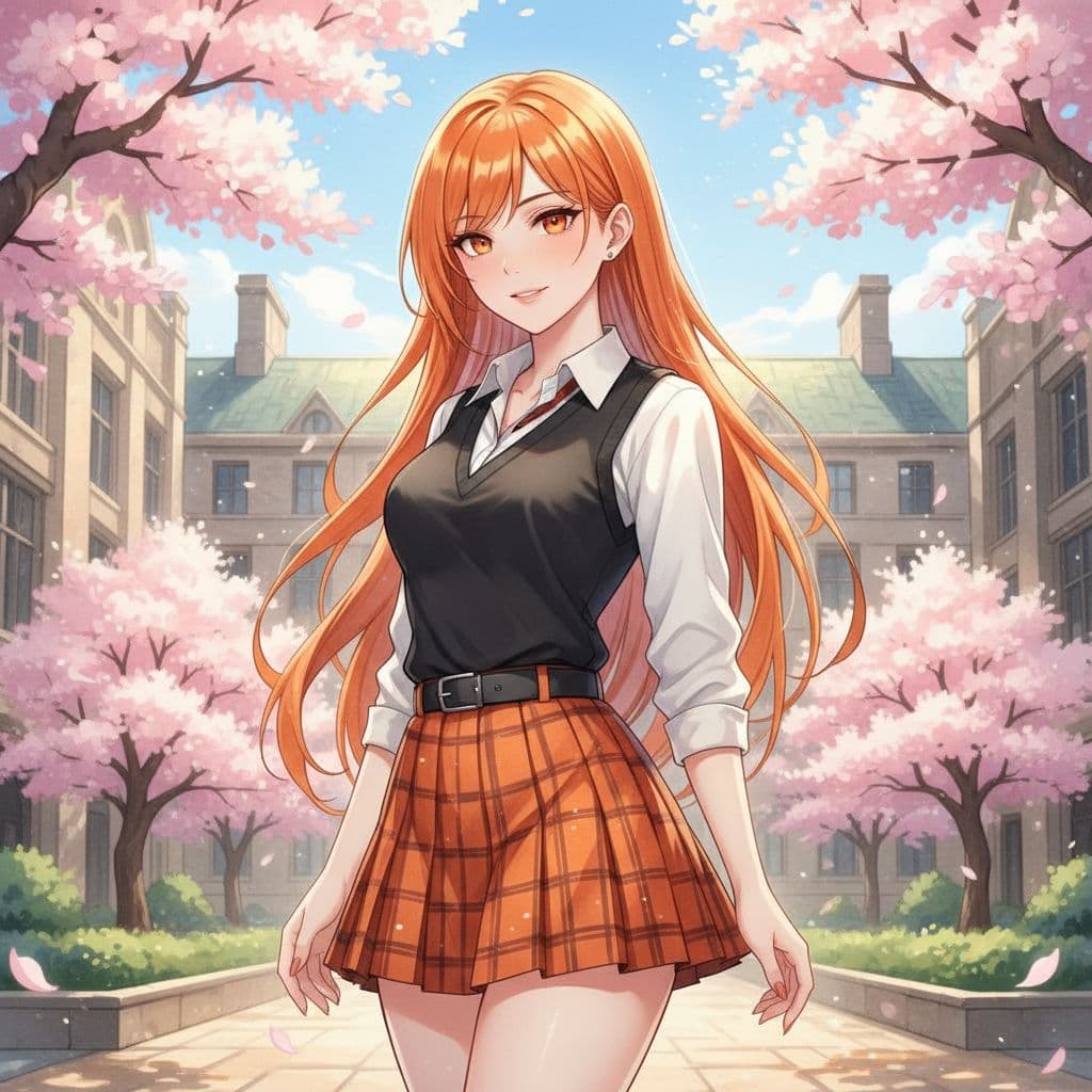 AI generated: anime art of Pretty College age transgender woman long orange hair to butt and orange eyes in a skir...