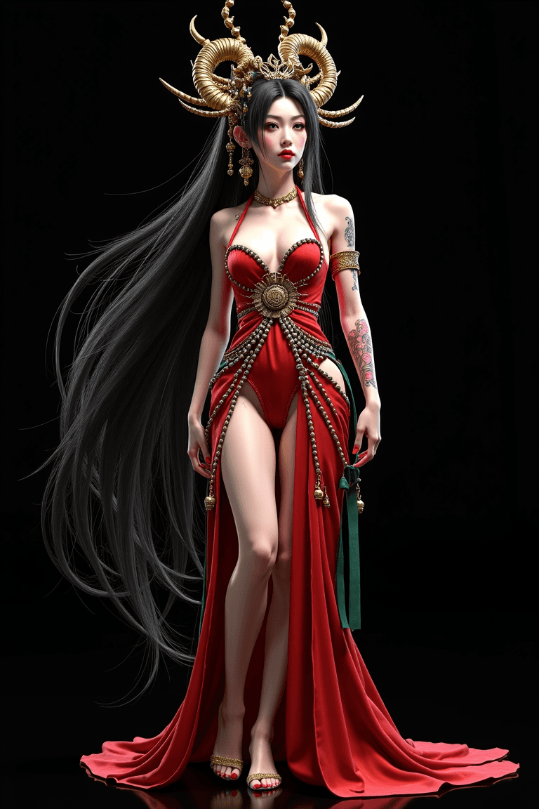 AI generated: the nether world,A fantasy female character with a striking, elaborate hairstyle and attire, featuri...