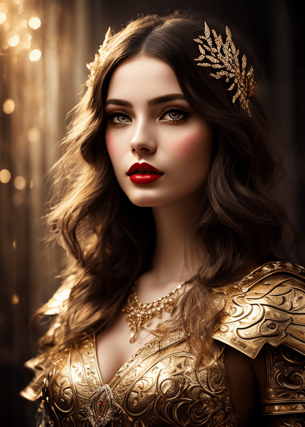 AI generated: mj, close up digital illustration of a gorgeous woman in gold armor, ethereal beauty, goddess, elega...