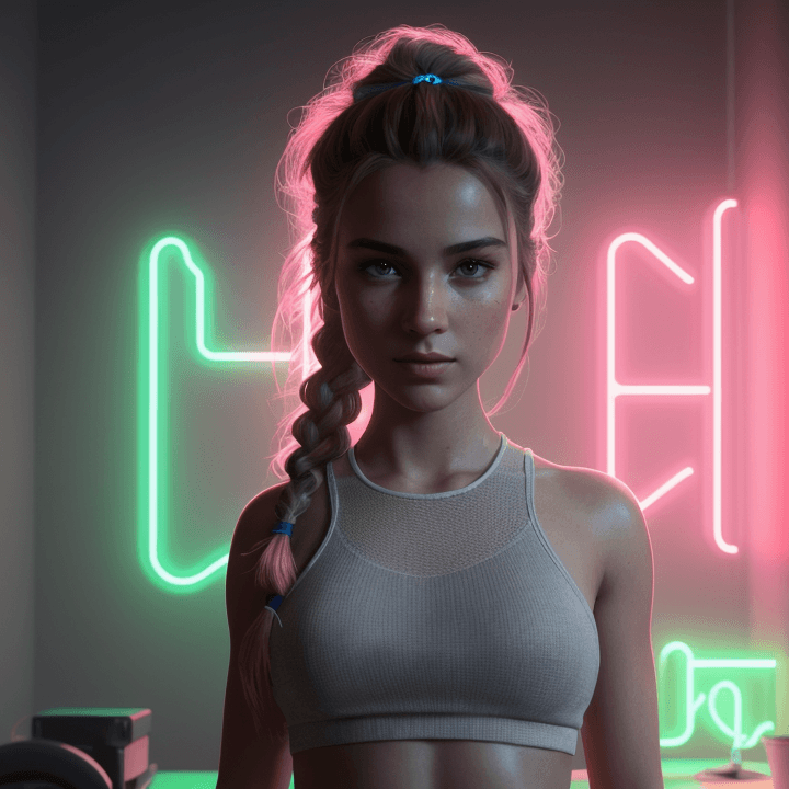 AI generated: wide angle photo on iphone 12, cozy dark neon room, a young woman, 25 year old beautiful woman with ...