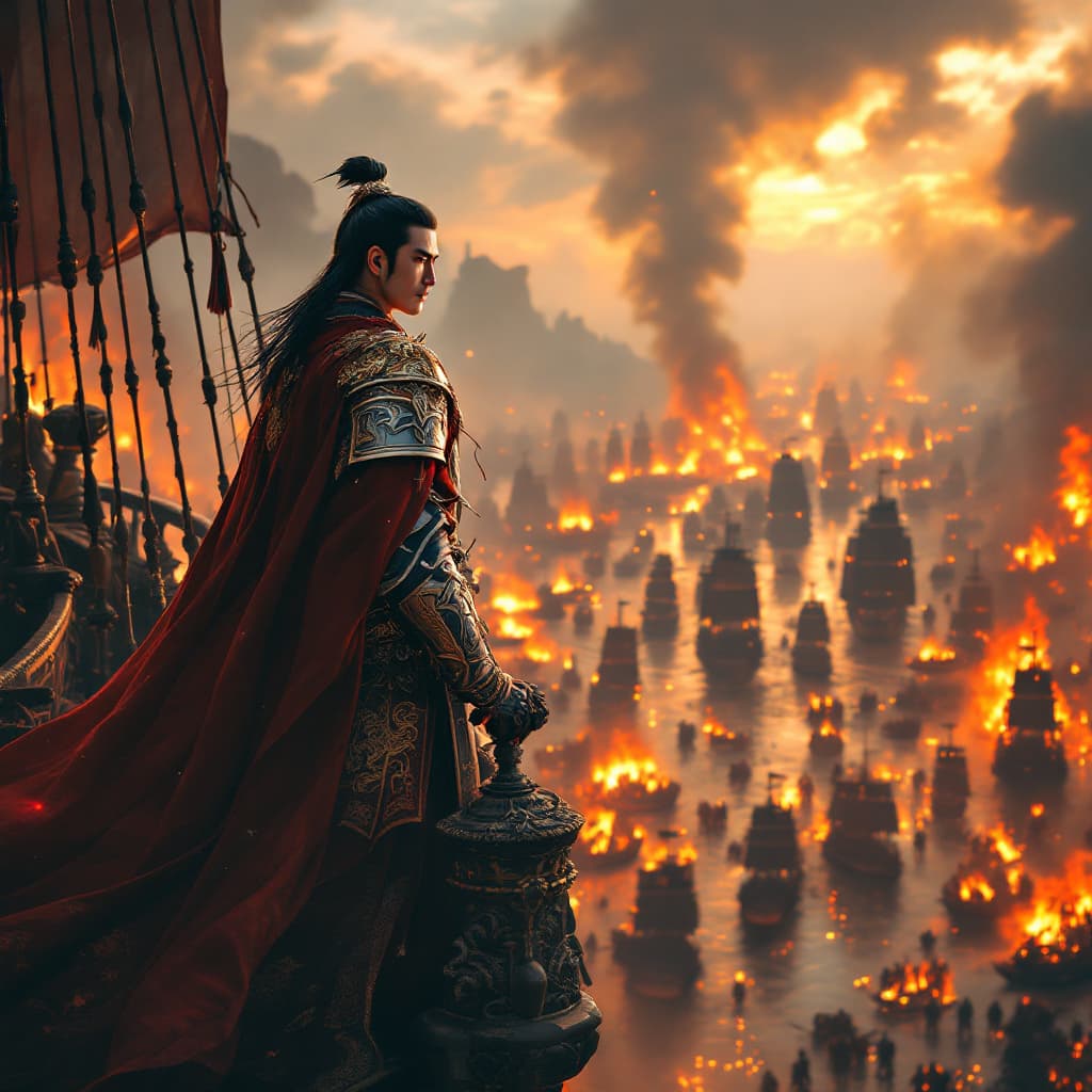 AI generated: Zhou Yu, the brilliant general of the Three Kingdoms, stands on the upper deck of a massive Eastern ...