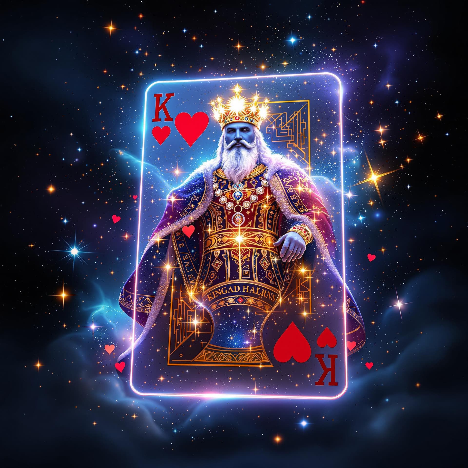 AI generated: The King of Hearts card transforms into a 3D hologram that appears to be made of cosmic energy. As t...