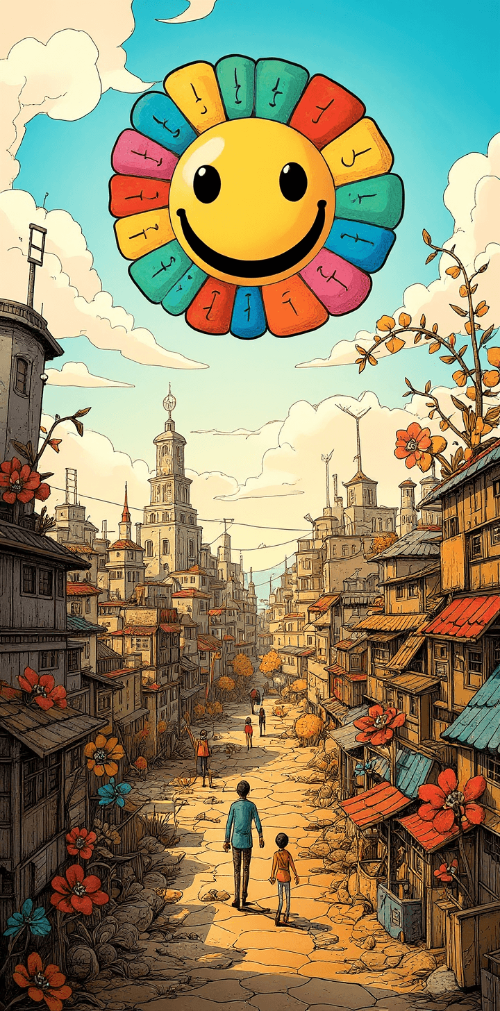 AI generated: cartoon with a colorful smiley face, people walking, surrounded by a city, in the style of tim doyle...