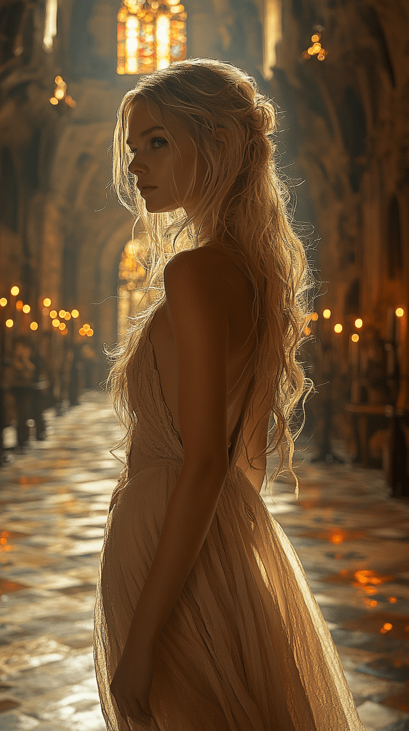 AI generated: Inside a vast, candlelit hall of an ancient stone castle, a pale-skinned woman with wavy blonde hair...