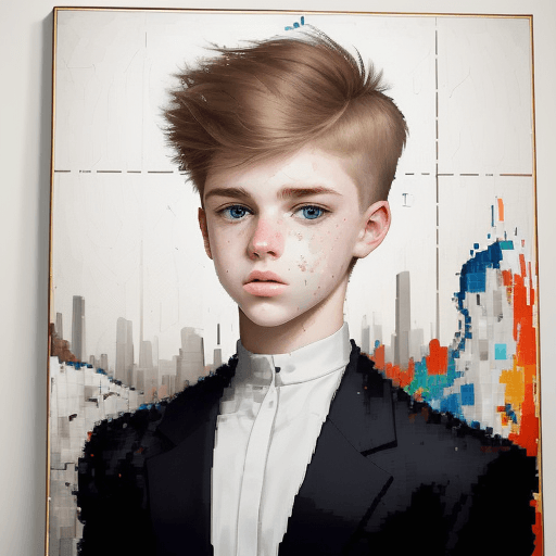 AI generated: abstract art painting of a cute 18 year old white boy, in the style of pixelated portraits, cracked,...