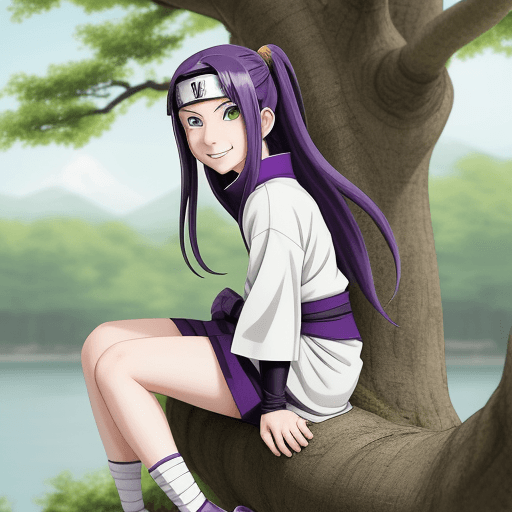 AI generated: Naruto anime style, 12 year old Japanese girl, pure white wavy long head, light green eyes, purple n...