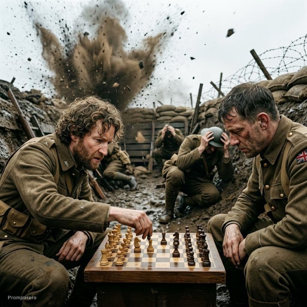 AI generated: this man in the war trenches 
playing chess while bombs are dropping