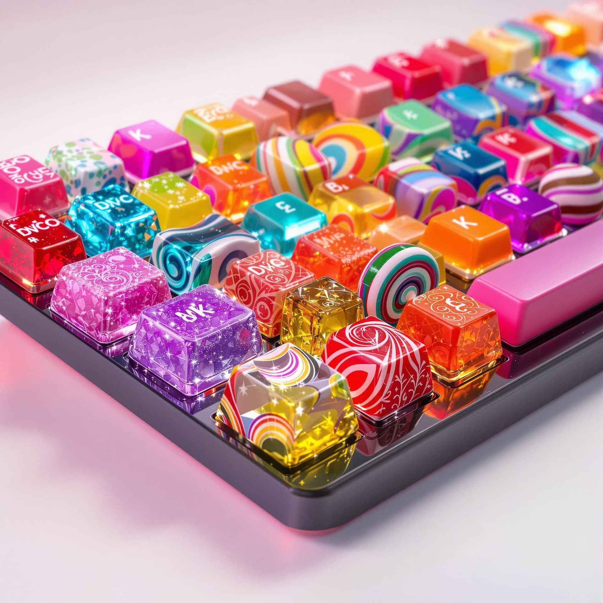 AI generated: A vibrant, highly detailed keyboard with keys crafted from various types of colorful candies, includ...