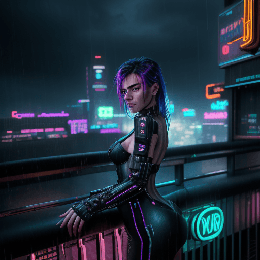 AI generated: ((portrait shot)) Photo WAS-PP, (((Leaning over the railing), with a view of a futuristic cyberpunk ...