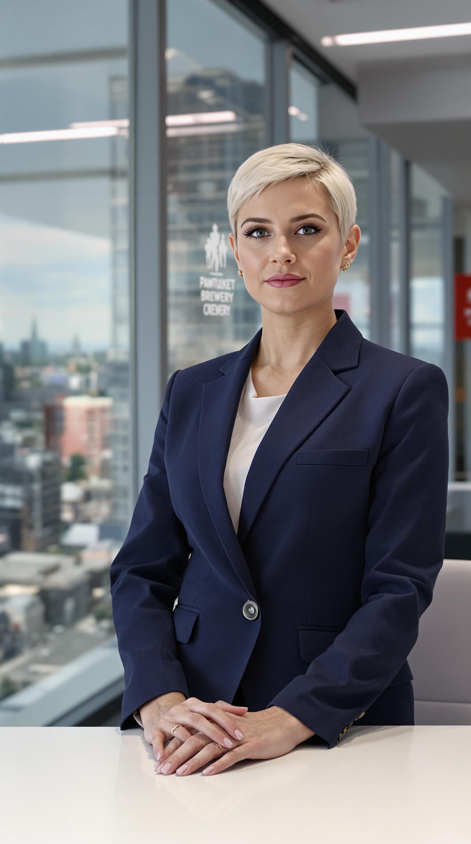 AI generated: A hyper-realistic portrait of a stern corporate executive inspired by Angela; short blonde hair in p...