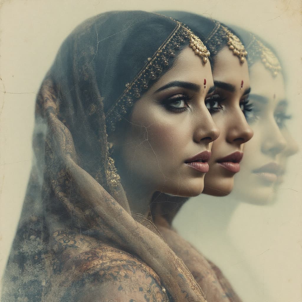 AI generated: A indian woman wearing a saree headdress, double exposure, surreal artwork, printed on cracked paper...