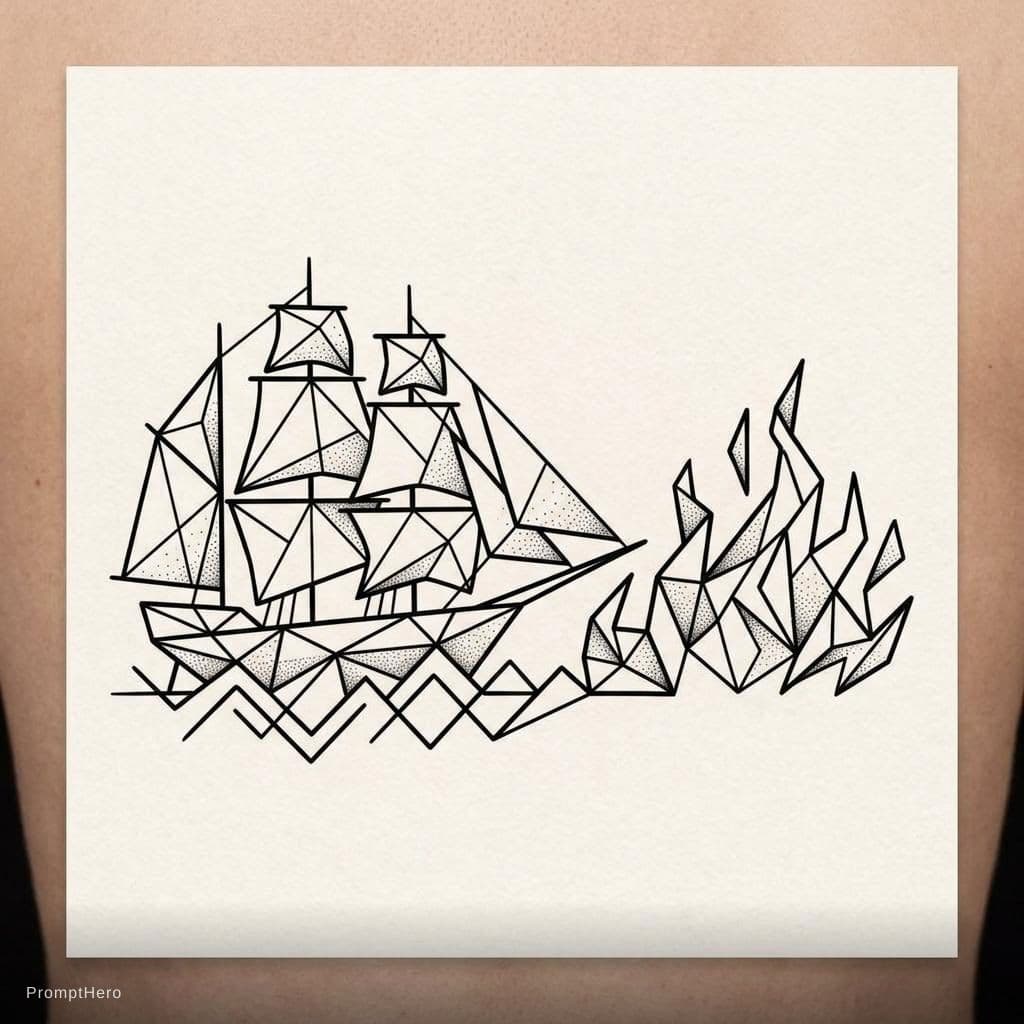 AI generated: : "A minimalist geometric tattoo design, a stylized composition of a ship and fire made entirely of ...