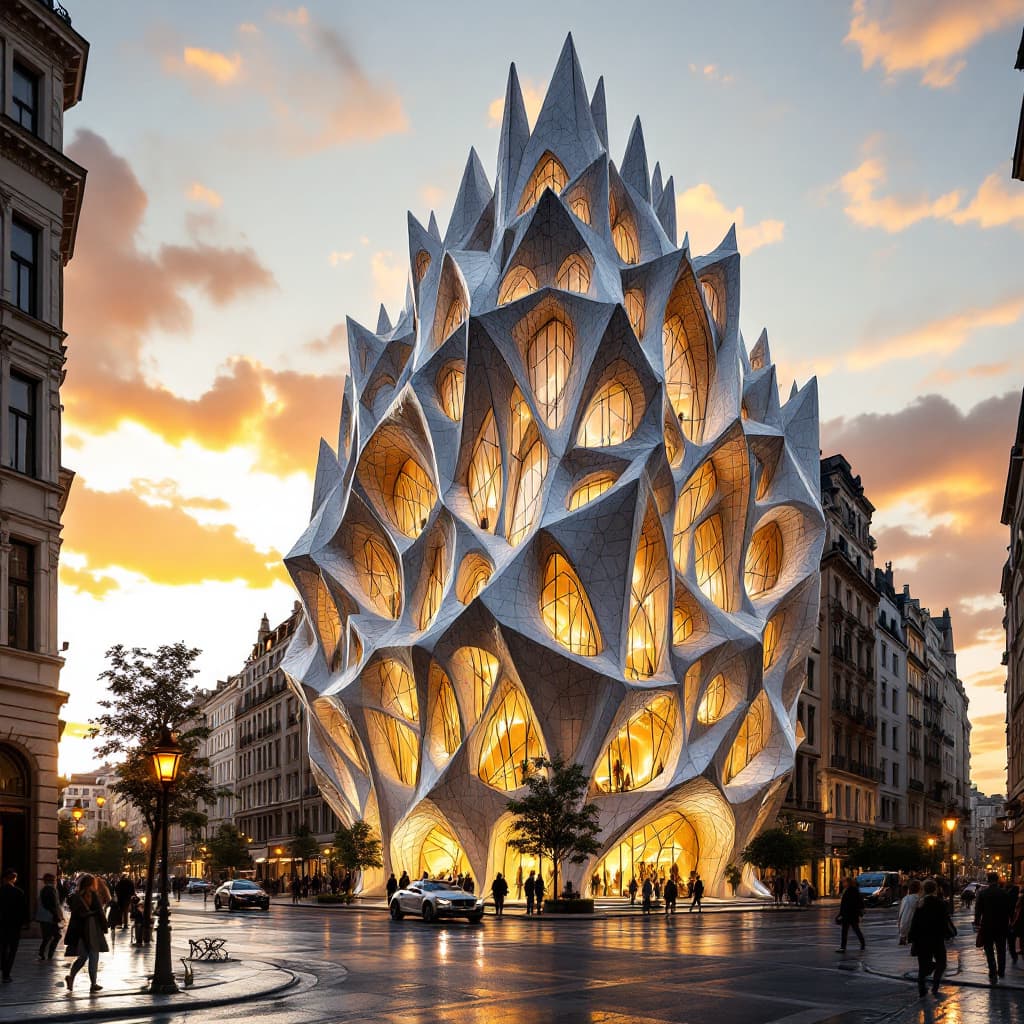 AI generated: Deep perspective view of a European city at golden hour, in the streetscape is a hyper-modern buildi...