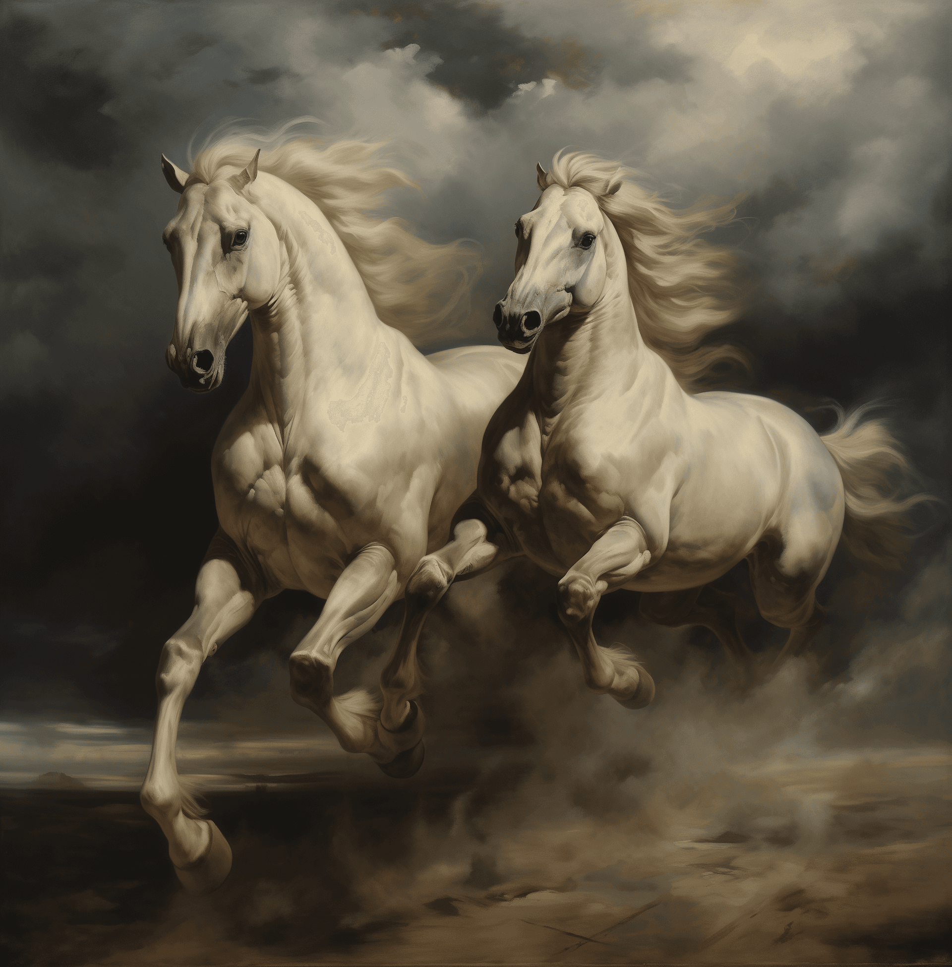 AI generated: vintage renaissance oil painting of two white horses running in the distance, dark sky with clouds i...