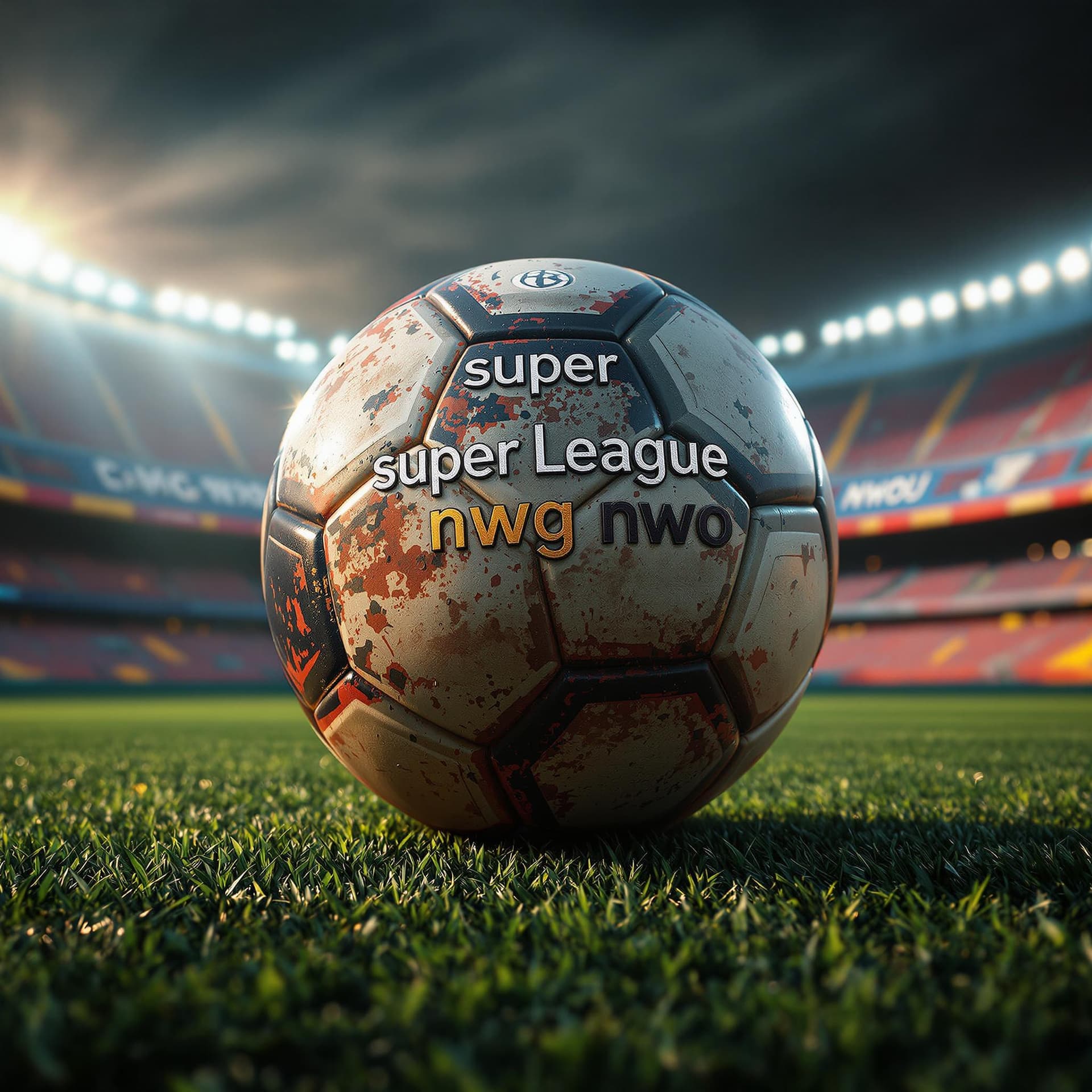 AI generated: Detailed cinematic presentation of an old and dusty soccer ball detailed over a soccer stadium very ...