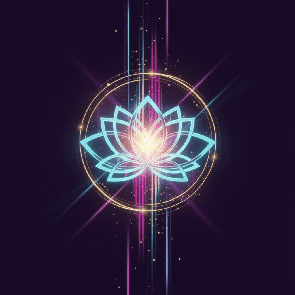 AI generated: dramatic token creation chamber, dark purple void with central luminous event, 
geometric lotus flow...