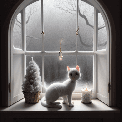 AI generated: lora:Digital Cats:1.0> white kitten sitting on a window sill near a basket full of holly branches an...