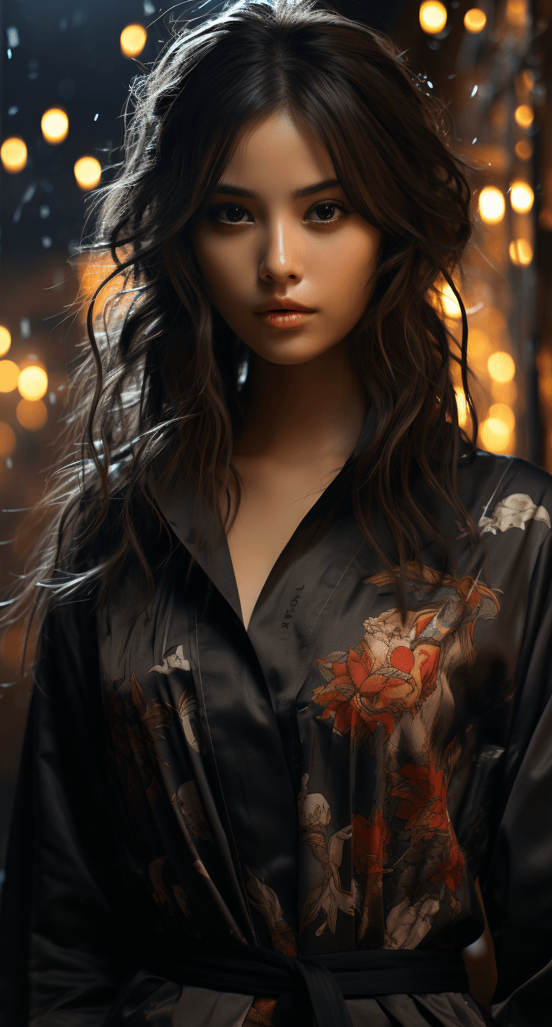 AI generated: a woman wearing an asian dress in the rain, in the style of cyberpunk realism, charming anime charac...