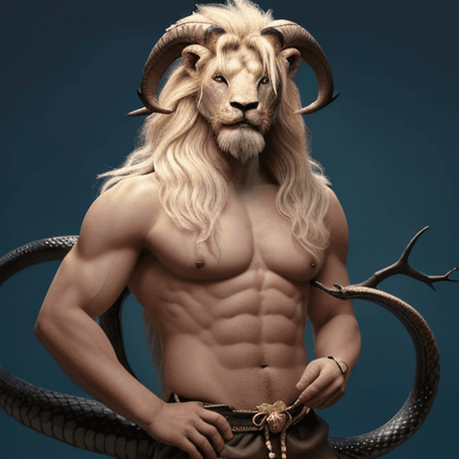 AI generated: He is NOT a human, he is dragon like. His head is horse-like. He has a deer antler on the right, a b...