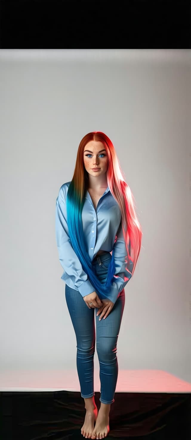 AI generated: A photorealistic portrait of a fit 25yo woman with long, flowing hair that transitions from blue at ...