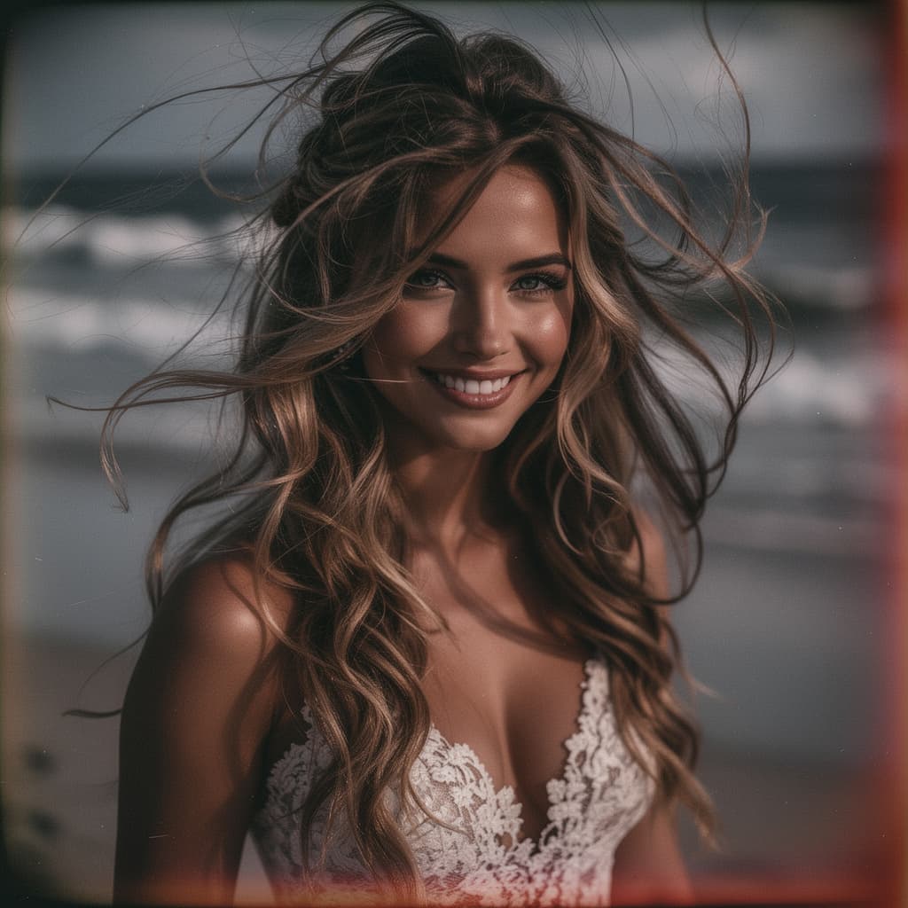AI generated: a woman with long wild hair on a windy day, in the style of toy camera effects, haunting elegance, f...