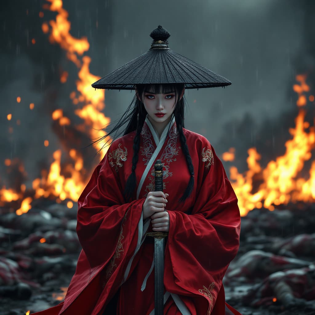AI generated: HD hyper realistic zoomed out photo of a Chinese female warrior. She is walking toward the camera, s...