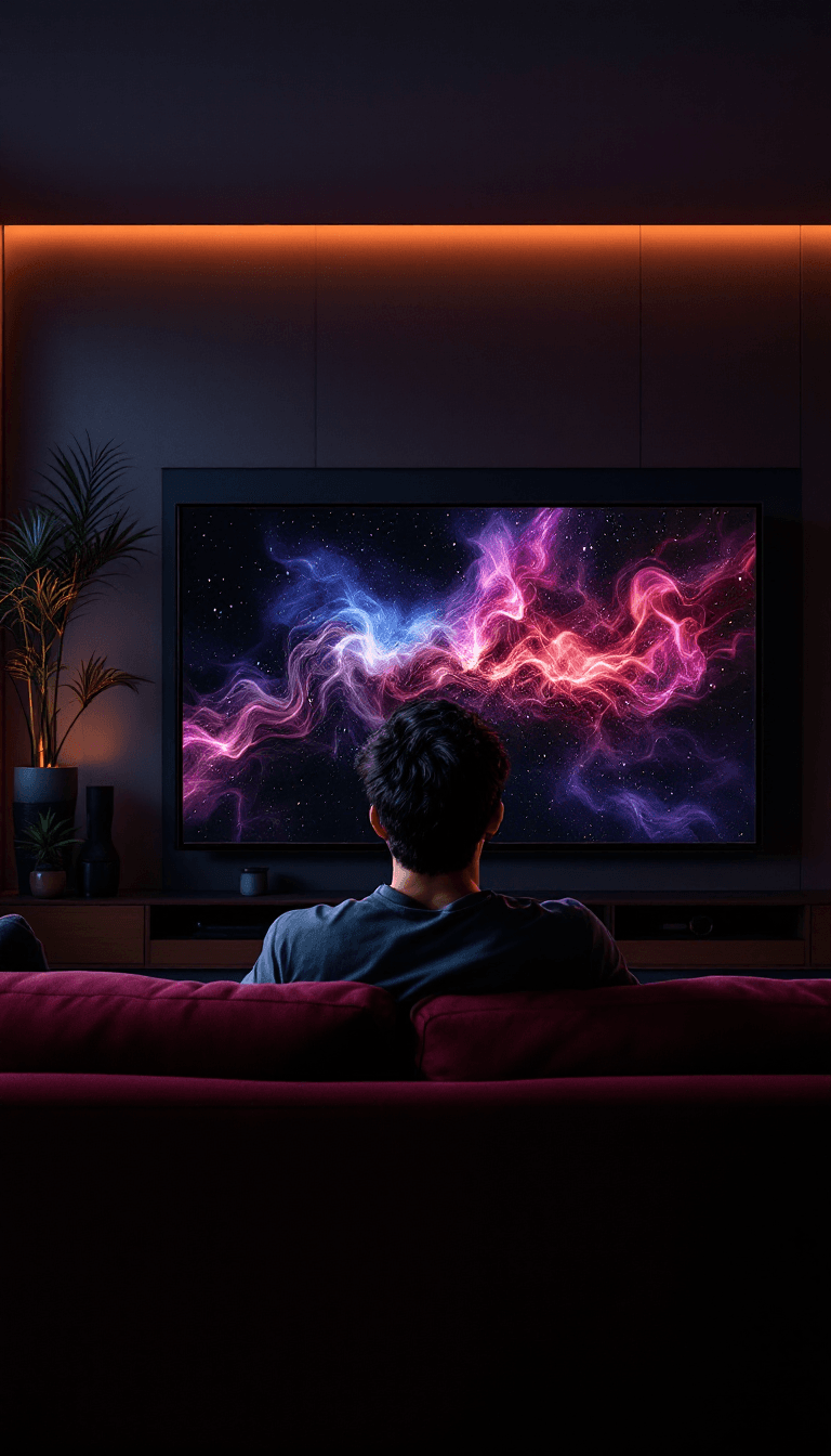 AI generated: photography,  face to large led tv behind burgundy couch, nobody sit on couch ,  a modern living roo...