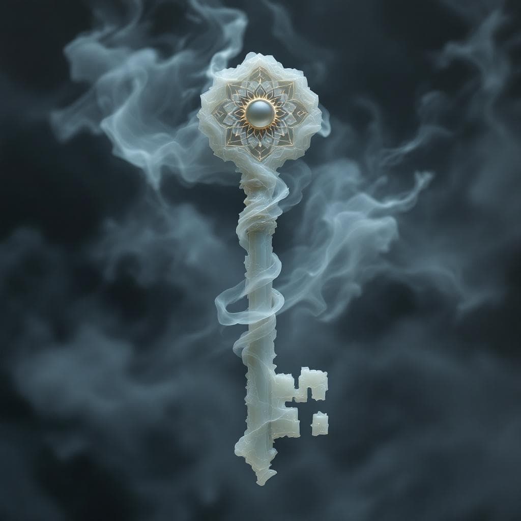 AI generated: Create a key made of Grey Agate with wind and sound merging at the hilt and the teeth of the keys ar...